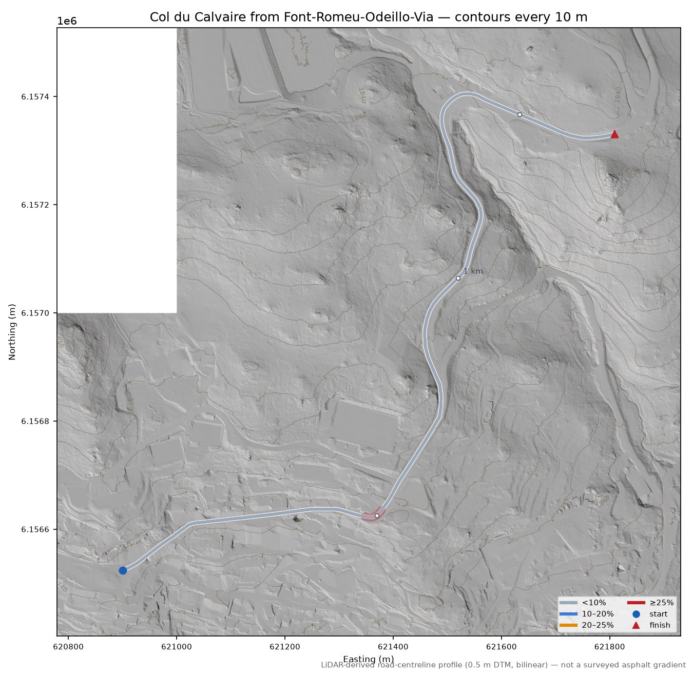 Col du Calvaire from Font-Romeu-Odeillo-Via LiDAR hillshade map with contours