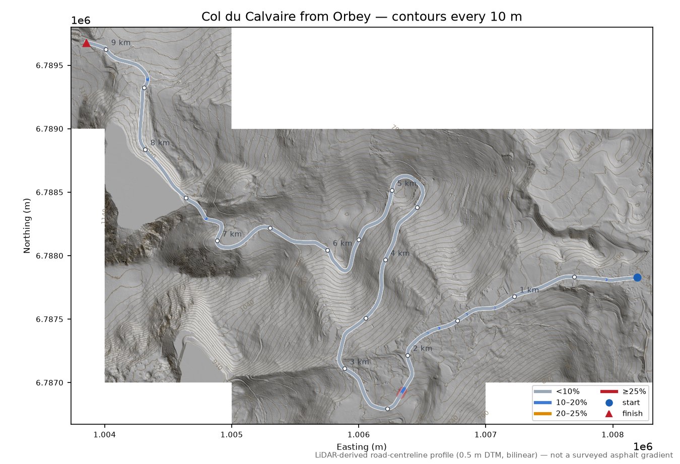 Col du Calvaire from Orbey LiDAR hillshade map with contours
