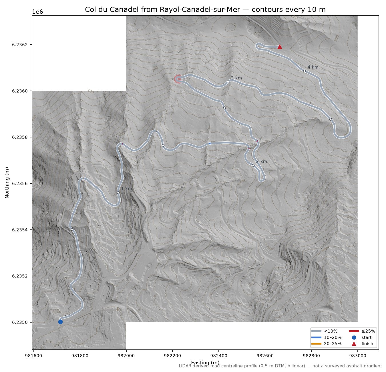 Col du Canadel from Rayol-Canadel-sur-Mer LiDAR hillshade map with contours