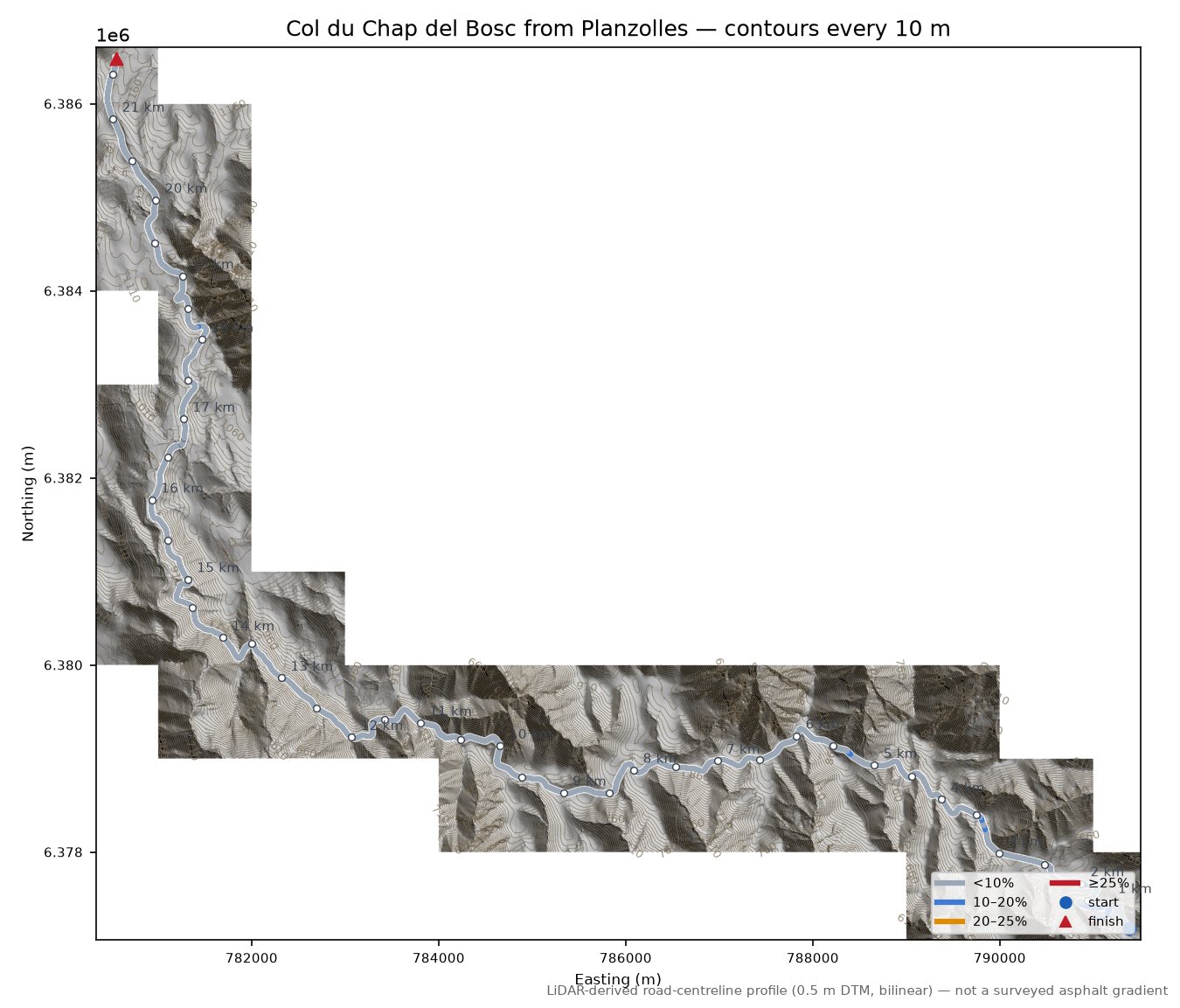 Col du Chap del Bosc from Planzolles LiDAR hillshade map with contours