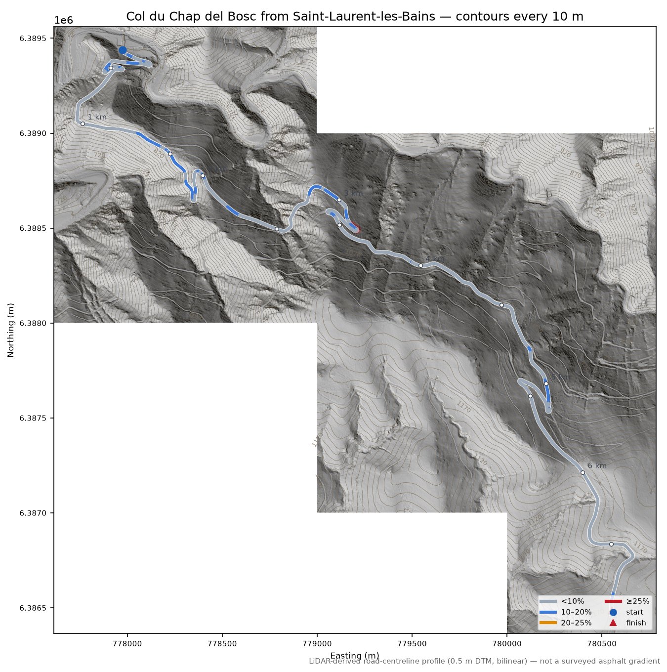Col du Chap del Bosc from Saint-Laurent-les-Bains LiDAR hillshade map with contours