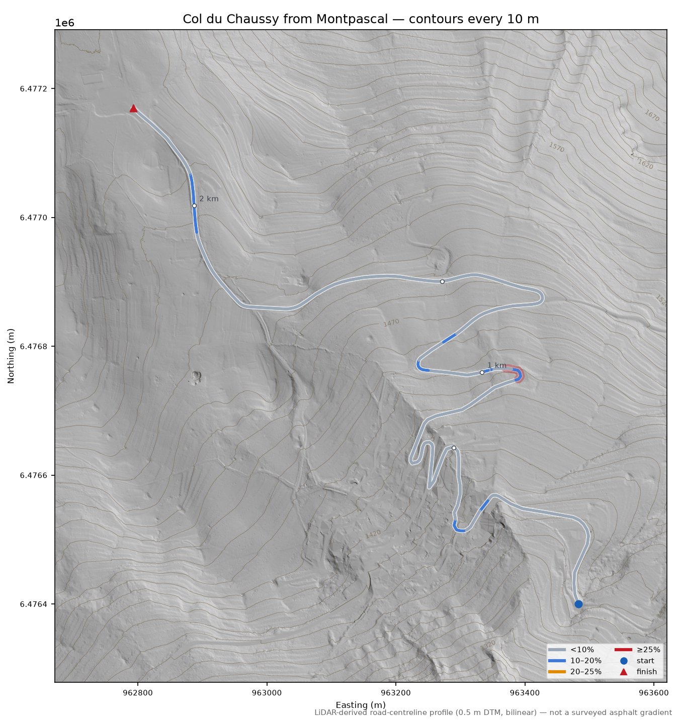 Col du Chaussy from Montpascal LiDAR hillshade map with contours