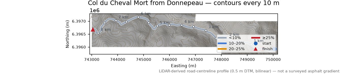 Col du Cheval Mort from Donnepeau LiDAR hillshade map with contours