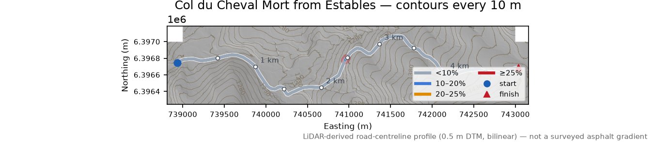 Col du Cheval Mort from Estables LiDAR hillshade map with contours