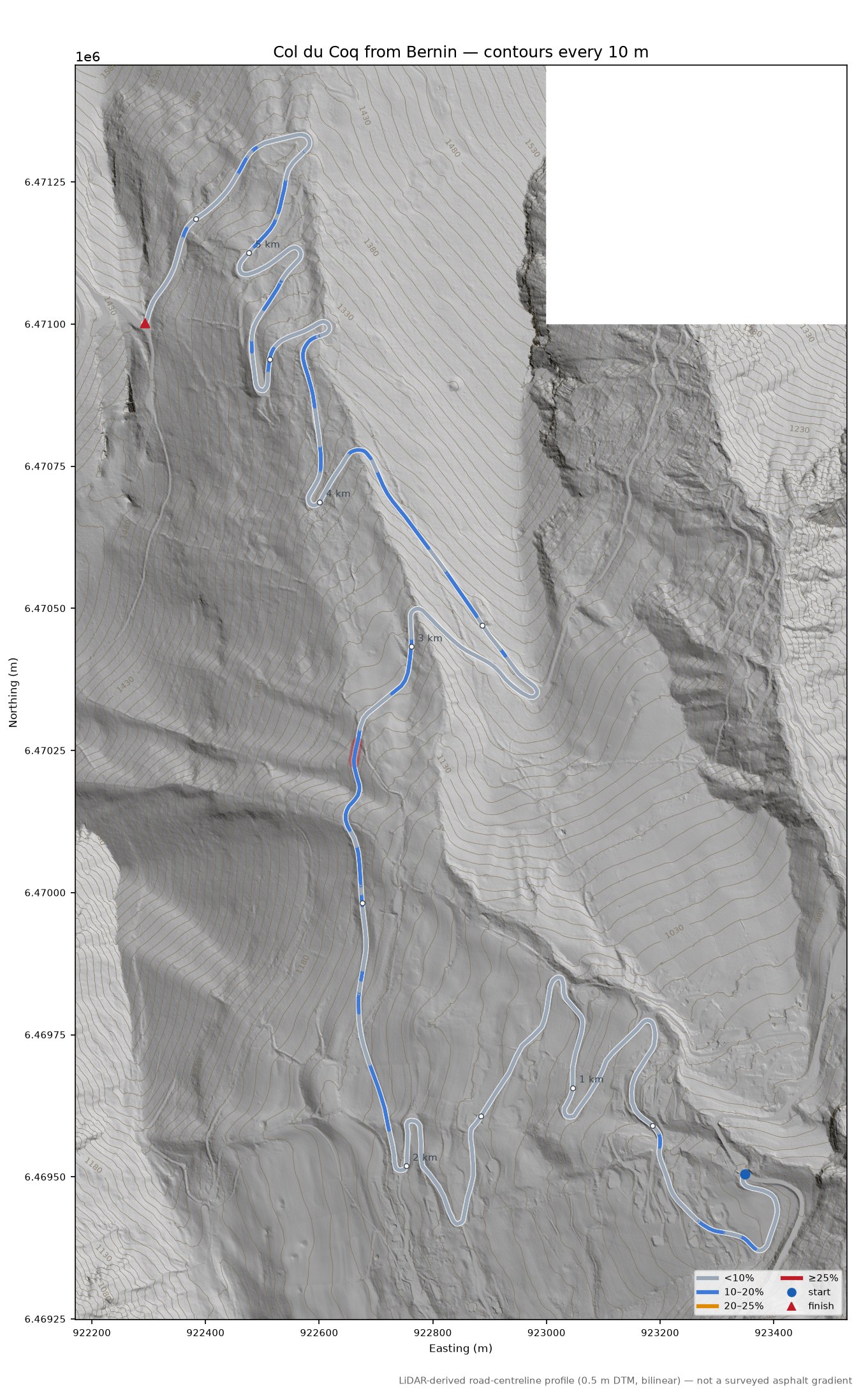 Col du Coq from Bernin LiDAR hillshade map with contours