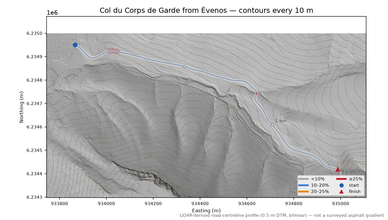 Col du Corps de Garde from Évenos LiDAR hillshade map with contours