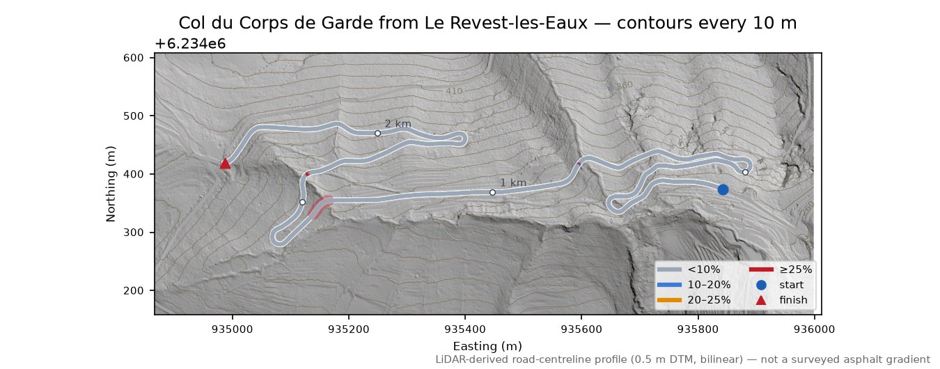 Col du Corps de Garde from Le Revest-les-Eaux LiDAR hillshade map with contours