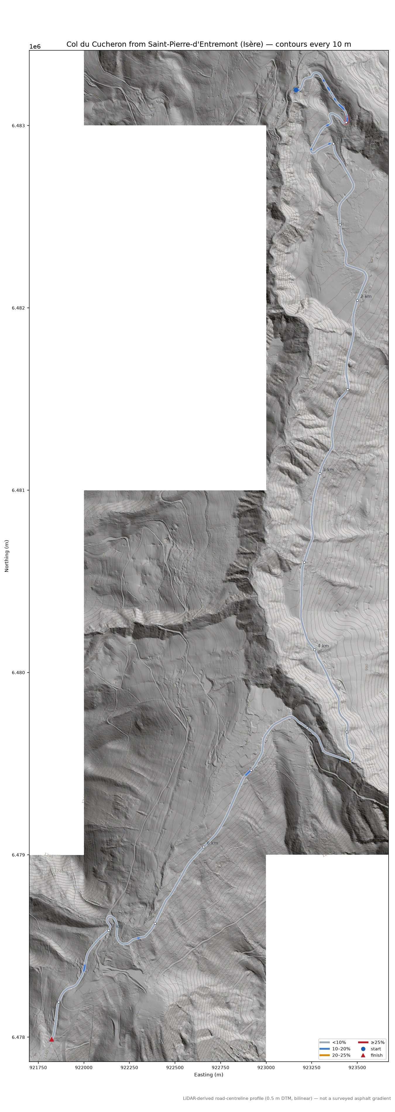 Col du Cucheron from Saint-Pierre-d'Entremont (Isère) LiDAR hillshade map with contours