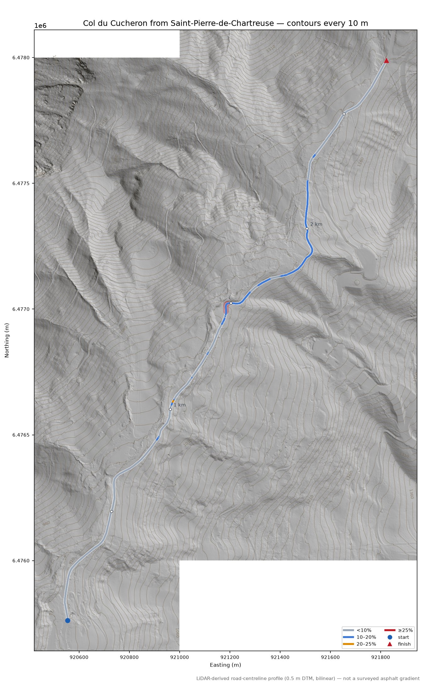 Col du Cucheron from Saint-Pierre-de-Chartreuse LiDAR hillshade map with contours