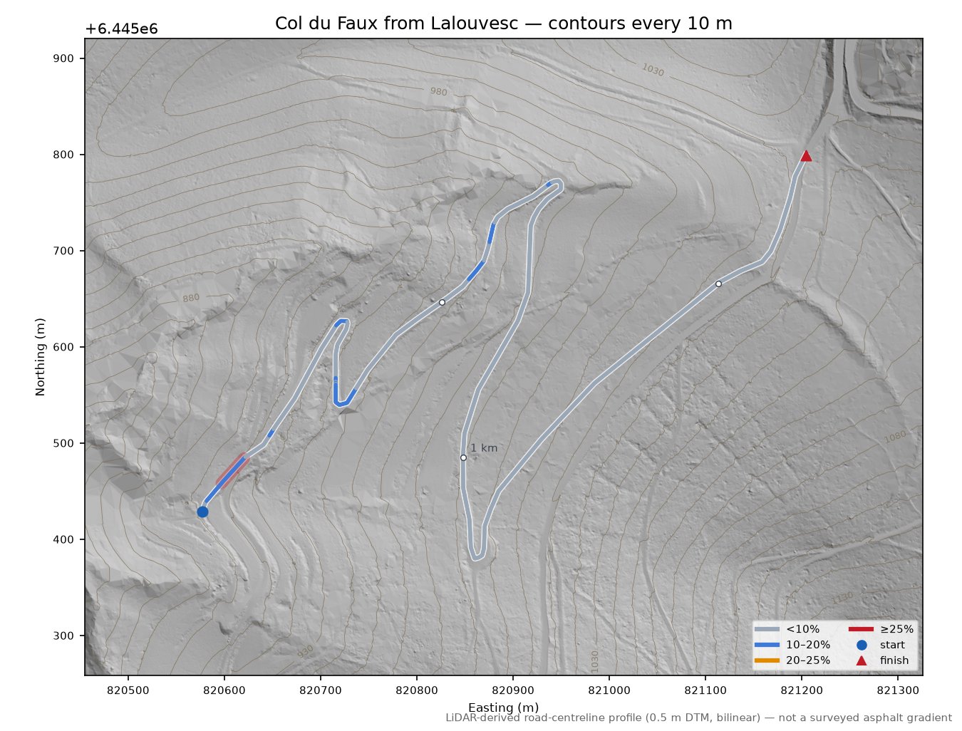 Col du Faux from Lalouvesc LiDAR hillshade map with contours