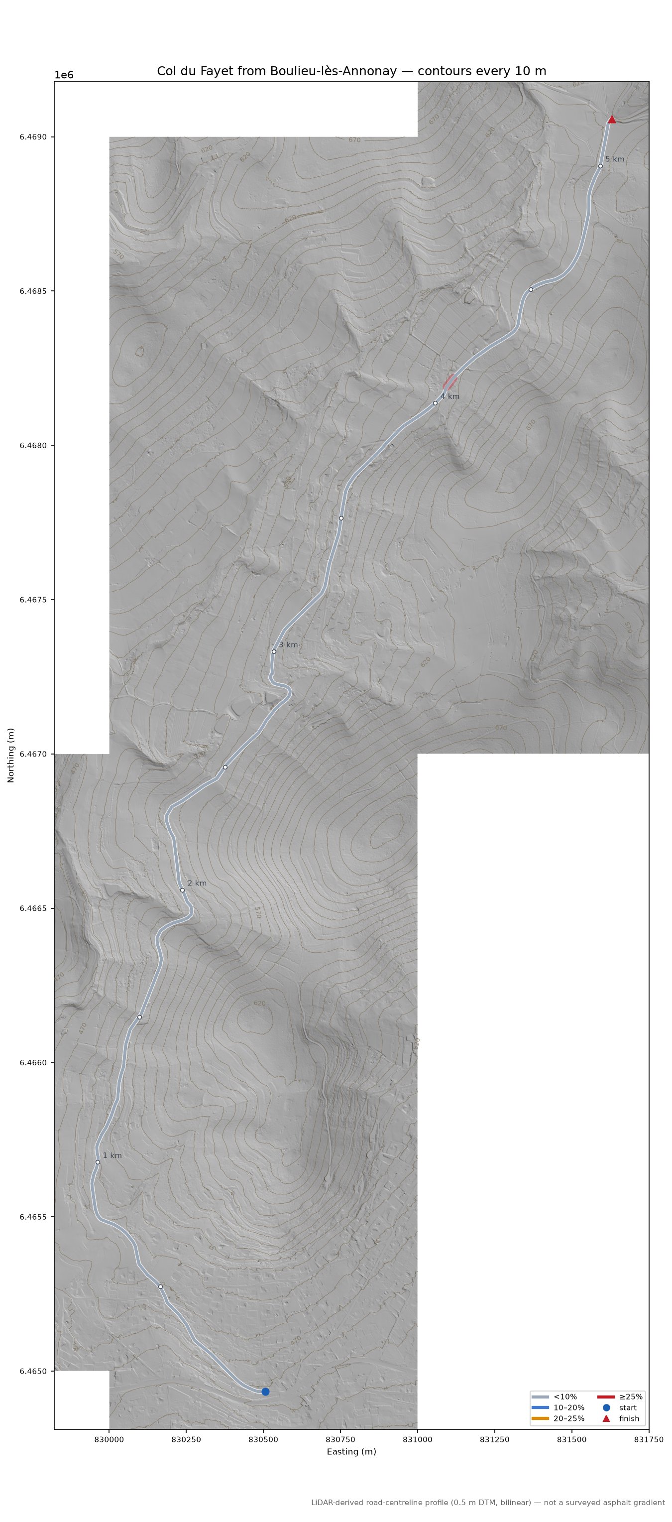 Col du Fayet from Boulieu-lès-Annonay LiDAR hillshade map with contours