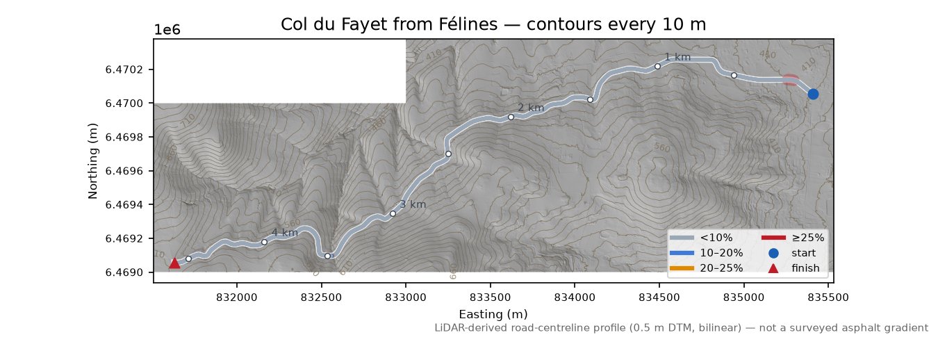 Col du Fayet from Félines LiDAR hillshade map with contours