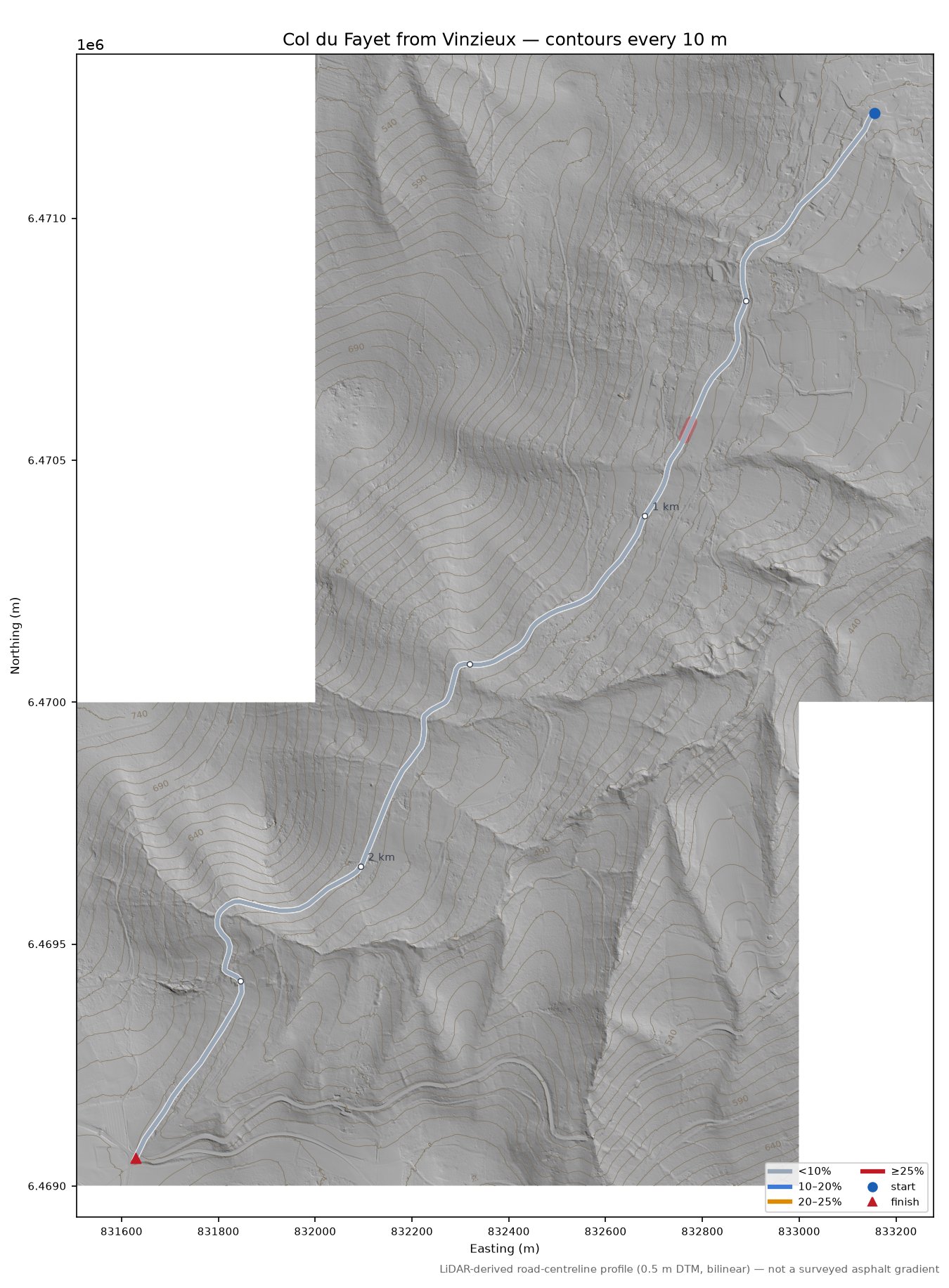 Col du Fayet from Vinzieux LiDAR hillshade map with contours