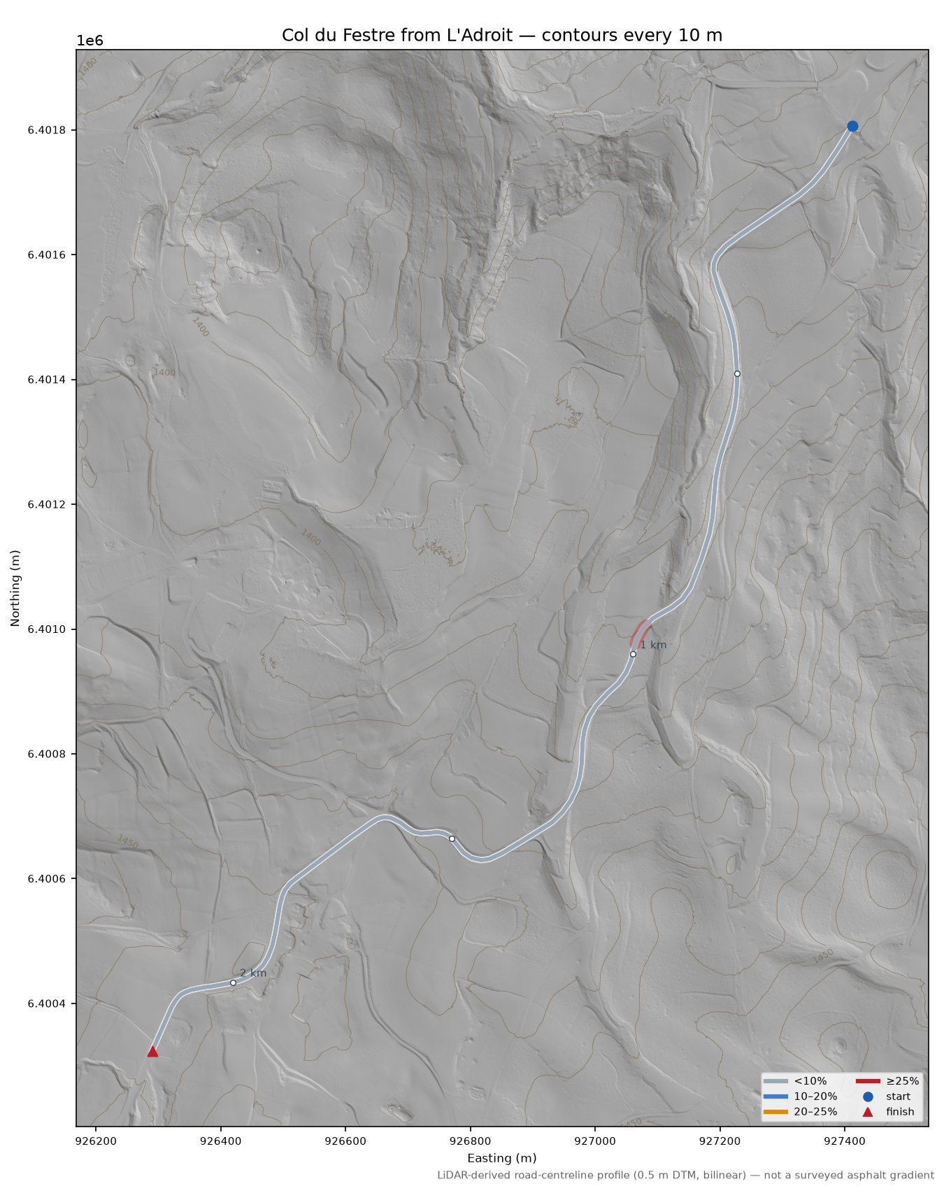 Col du Festre from L'Adroit LiDAR hillshade map with contours