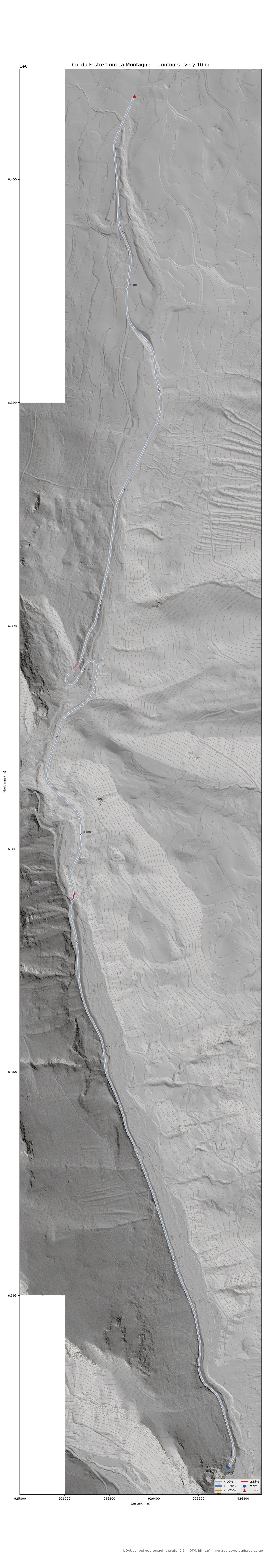 Col du Festre from La Montagne LiDAR hillshade map with contours