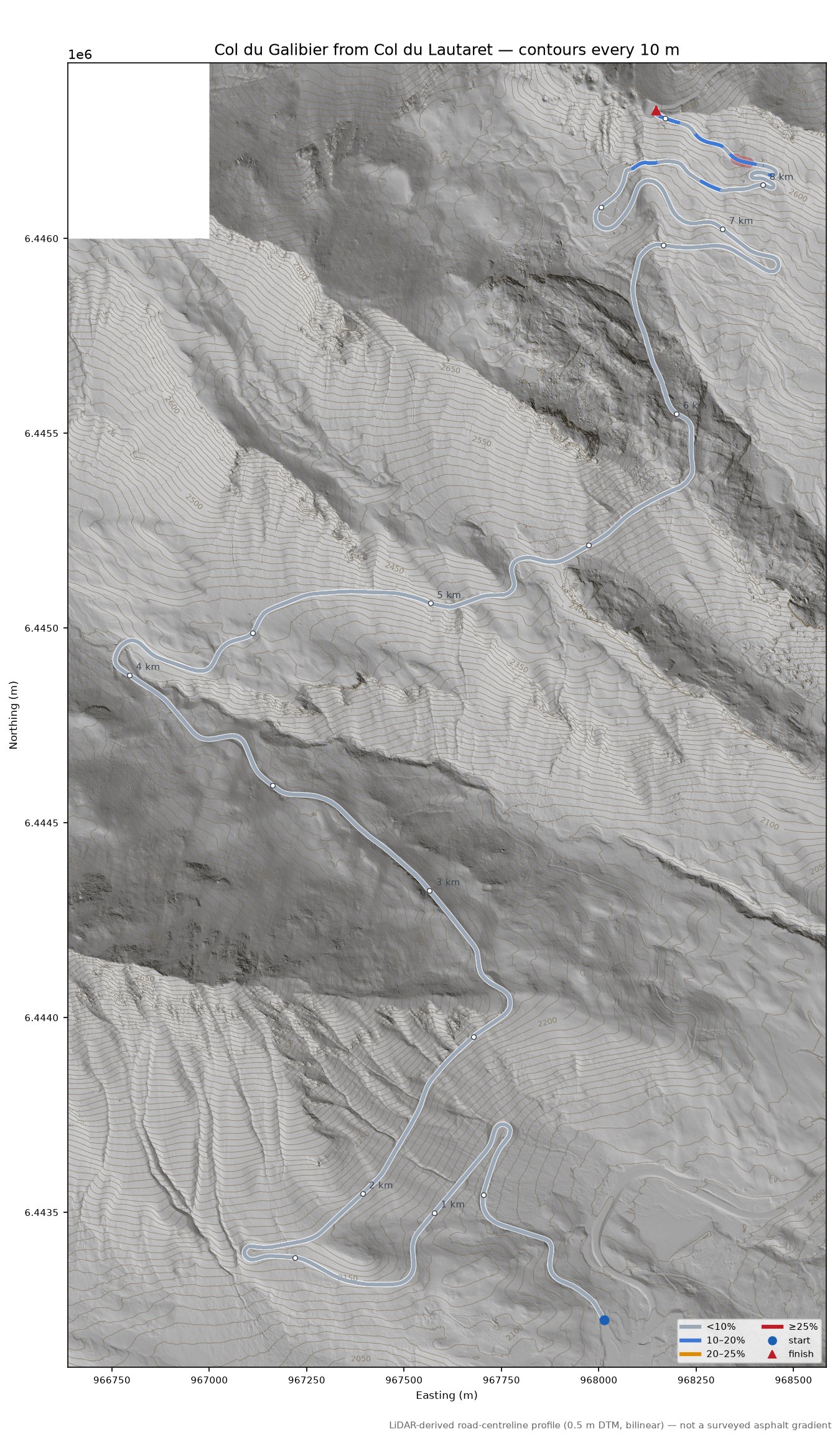 Col du Galibier from Col du Lautaret LiDAR hillshade map with contours