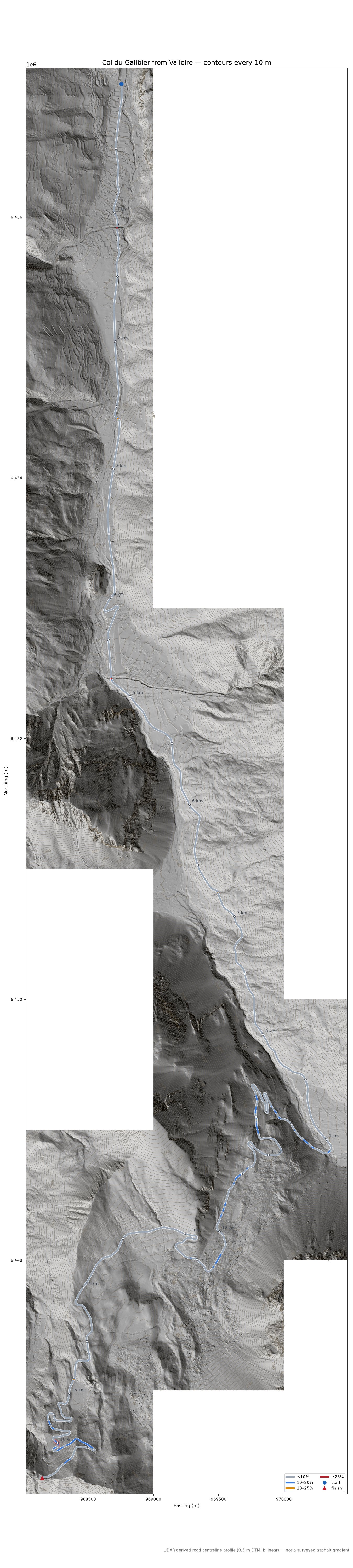 Col du Galibier from Valloire LiDAR hillshade map with contours