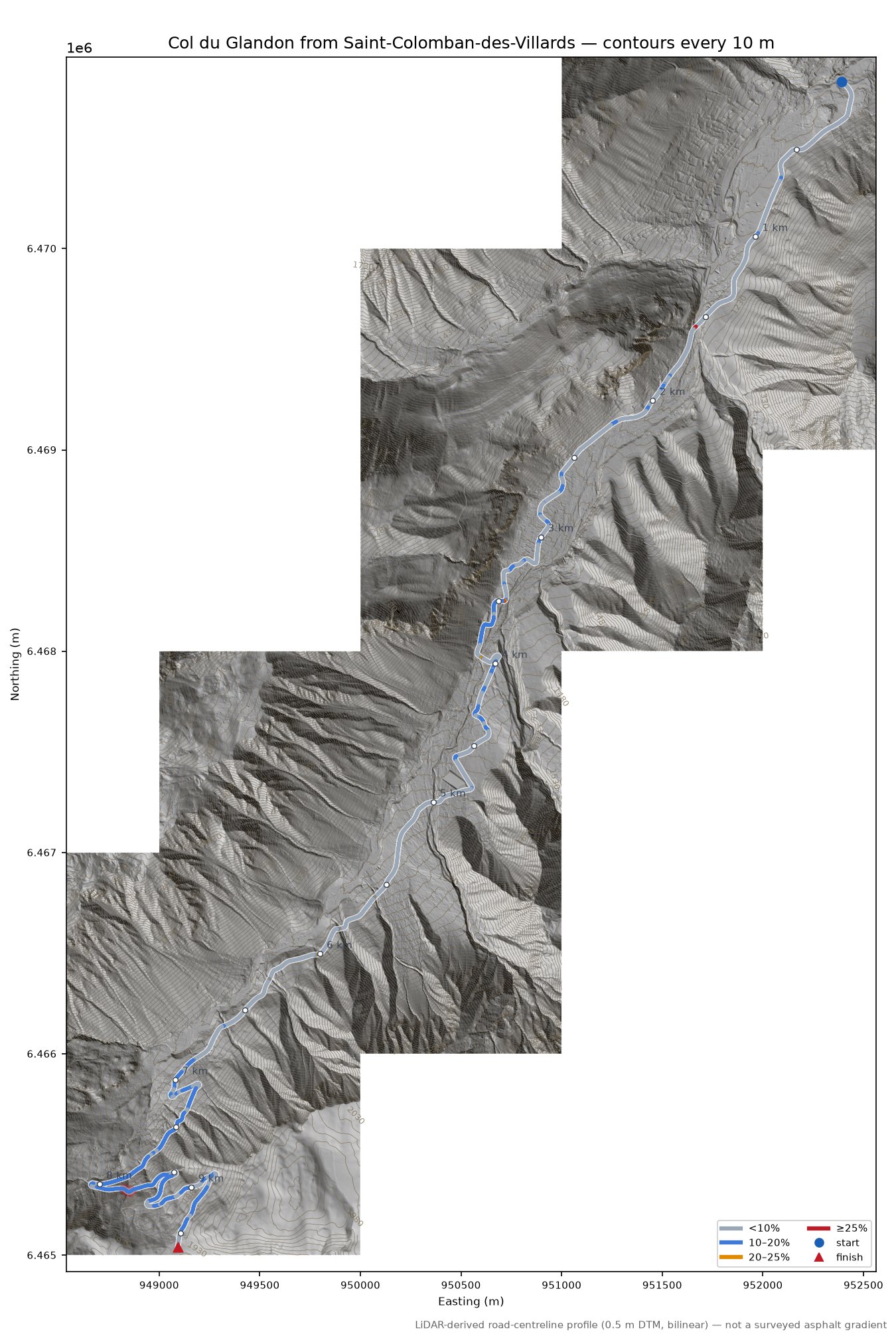 Col du Glandon from Saint-Colomban-des-Villards LiDAR hillshade map with contours