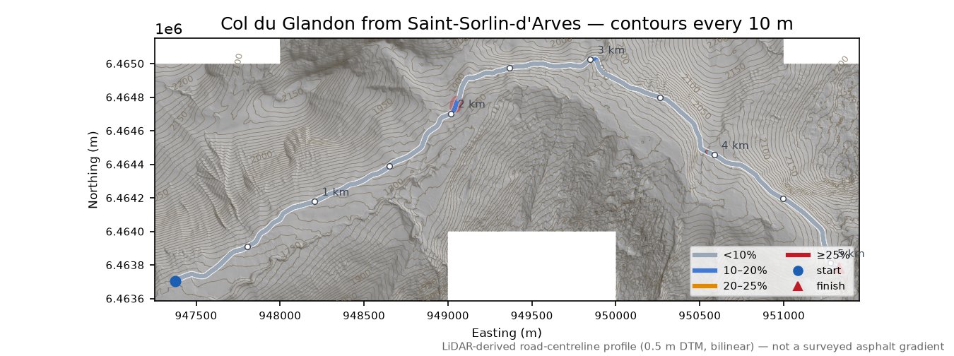 Col du Glandon from Saint-Sorlin-d'Arves LiDAR hillshade map with contours