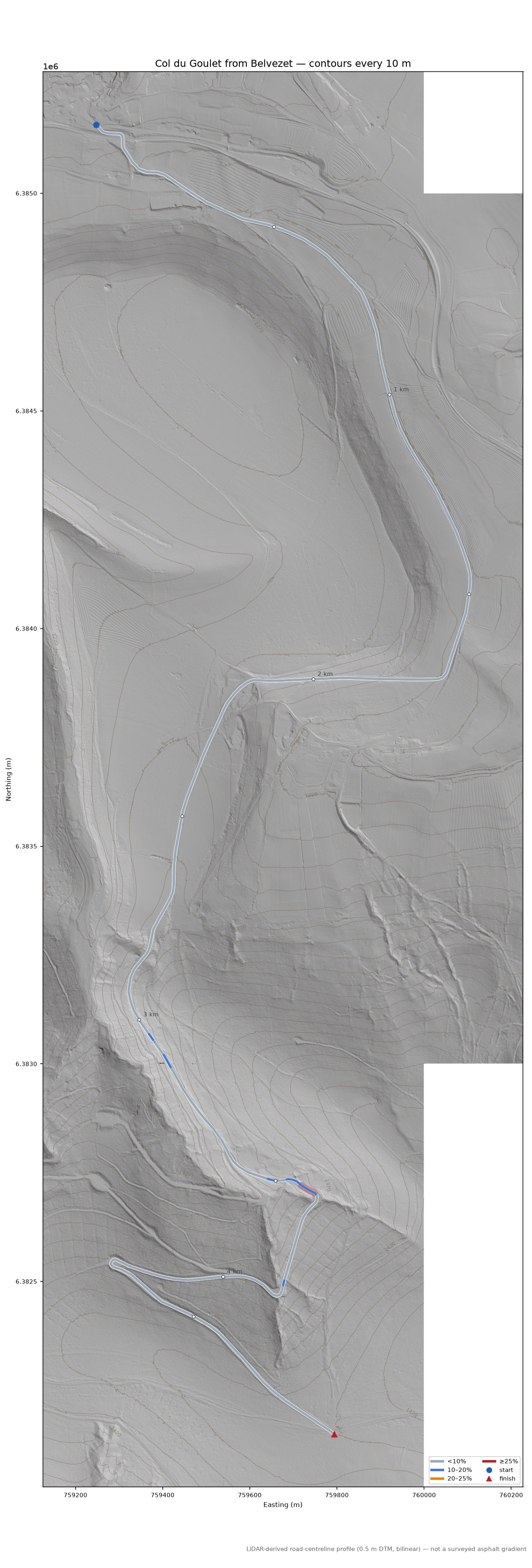 Col du Goulet from Belvezet LiDAR hillshade map with contours