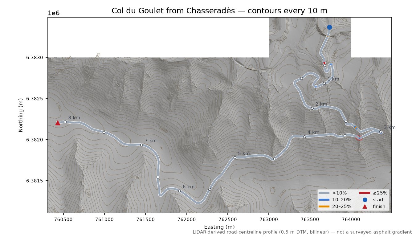 Col du Goulet from Chasseradès LiDAR hillshade map with contours