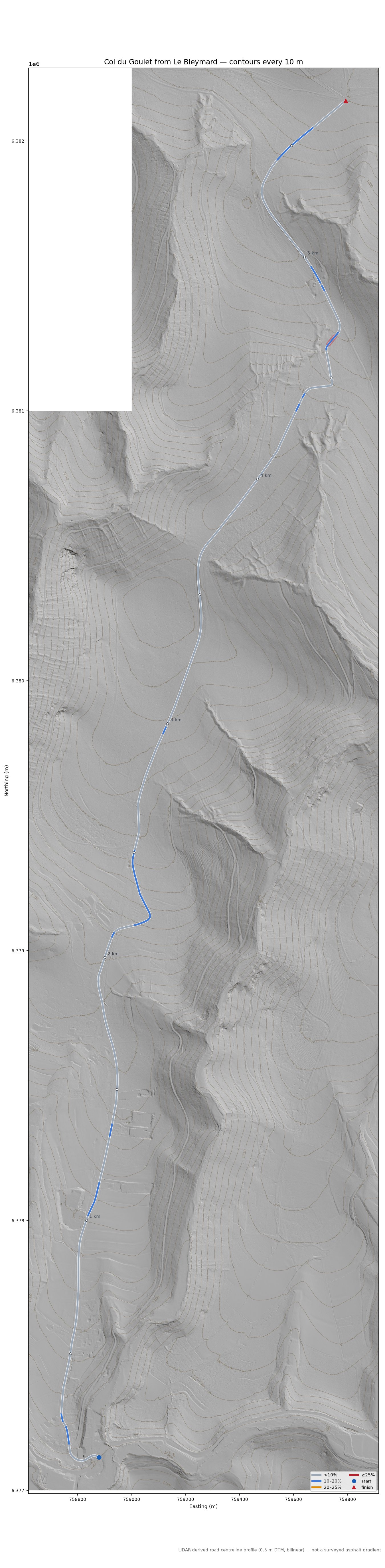 Col du Goulet from Le Bleymard LiDAR hillshade map with contours