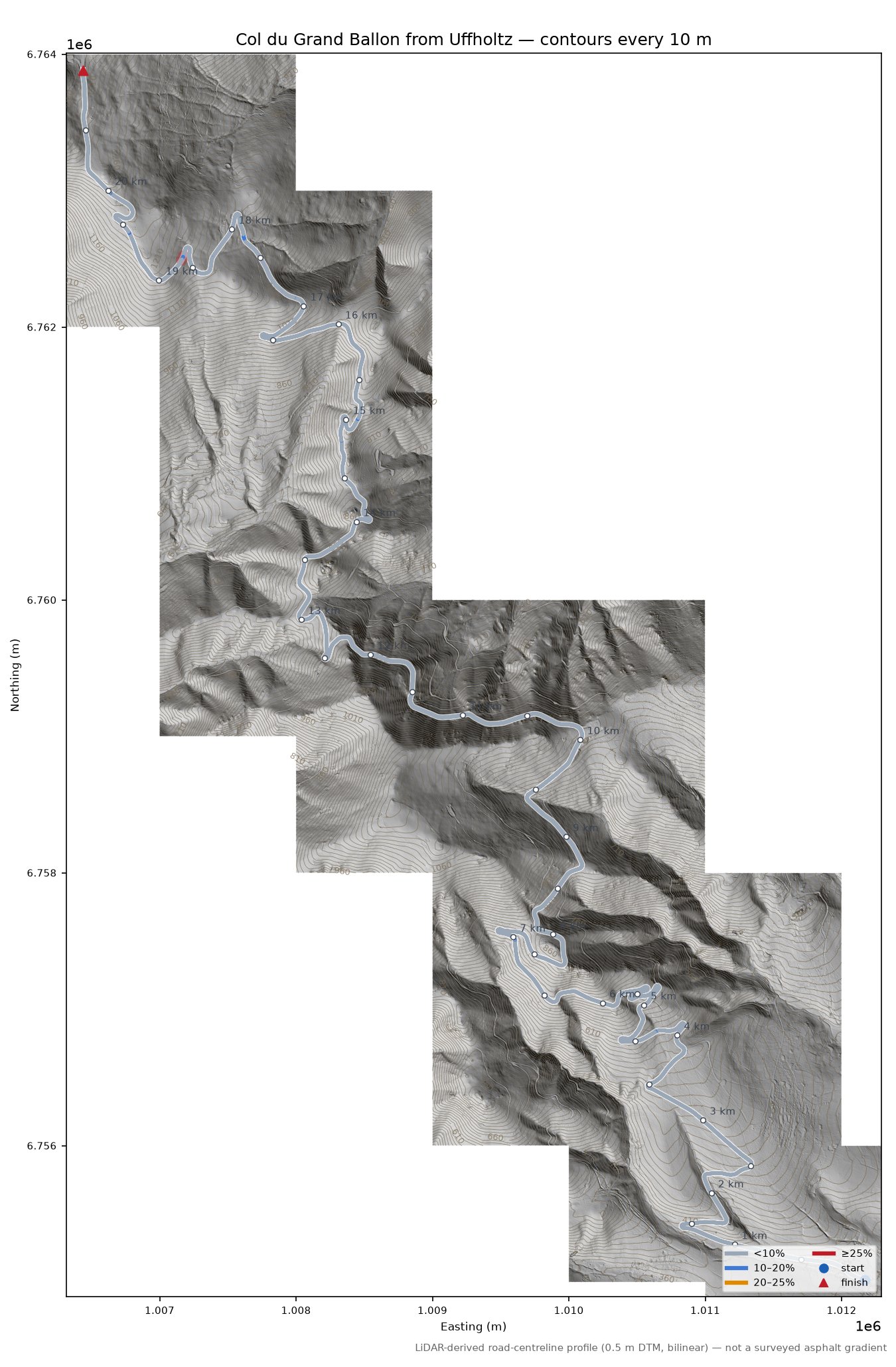 Col du Grand Ballon from Uffholtz LiDAR hillshade map with contours