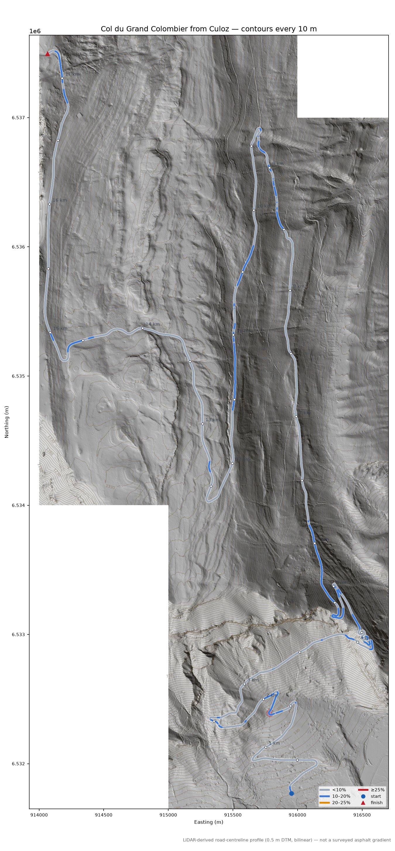 Col du Grand Colombier from Culoz LiDAR hillshade map with contours