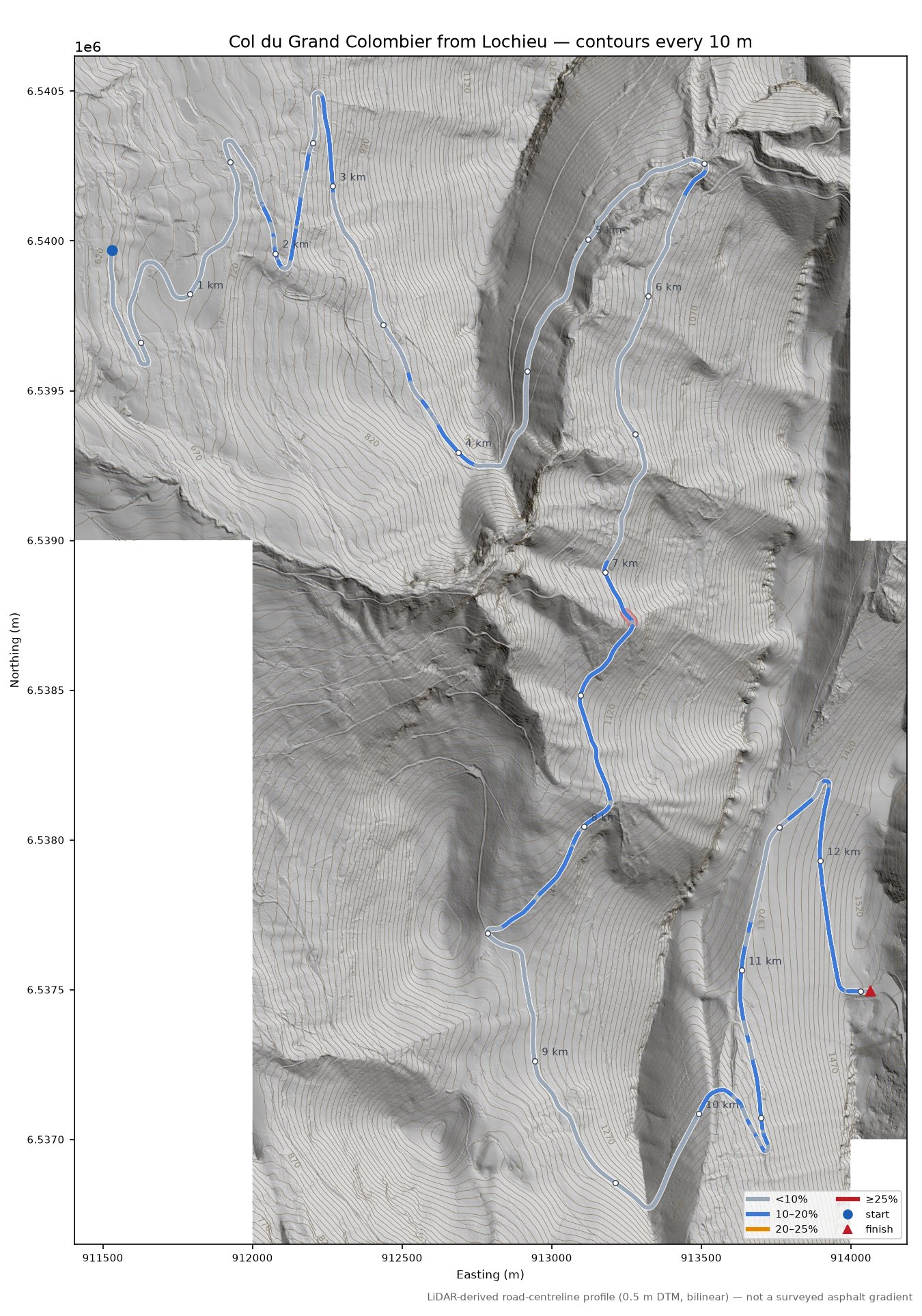 Col du Grand Colombier from Lochieu LiDAR hillshade map with contours
