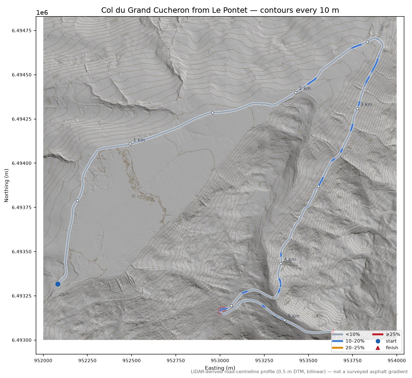 Col du Grand Cucheron from Le Pontet LiDAR hillshade map with contours