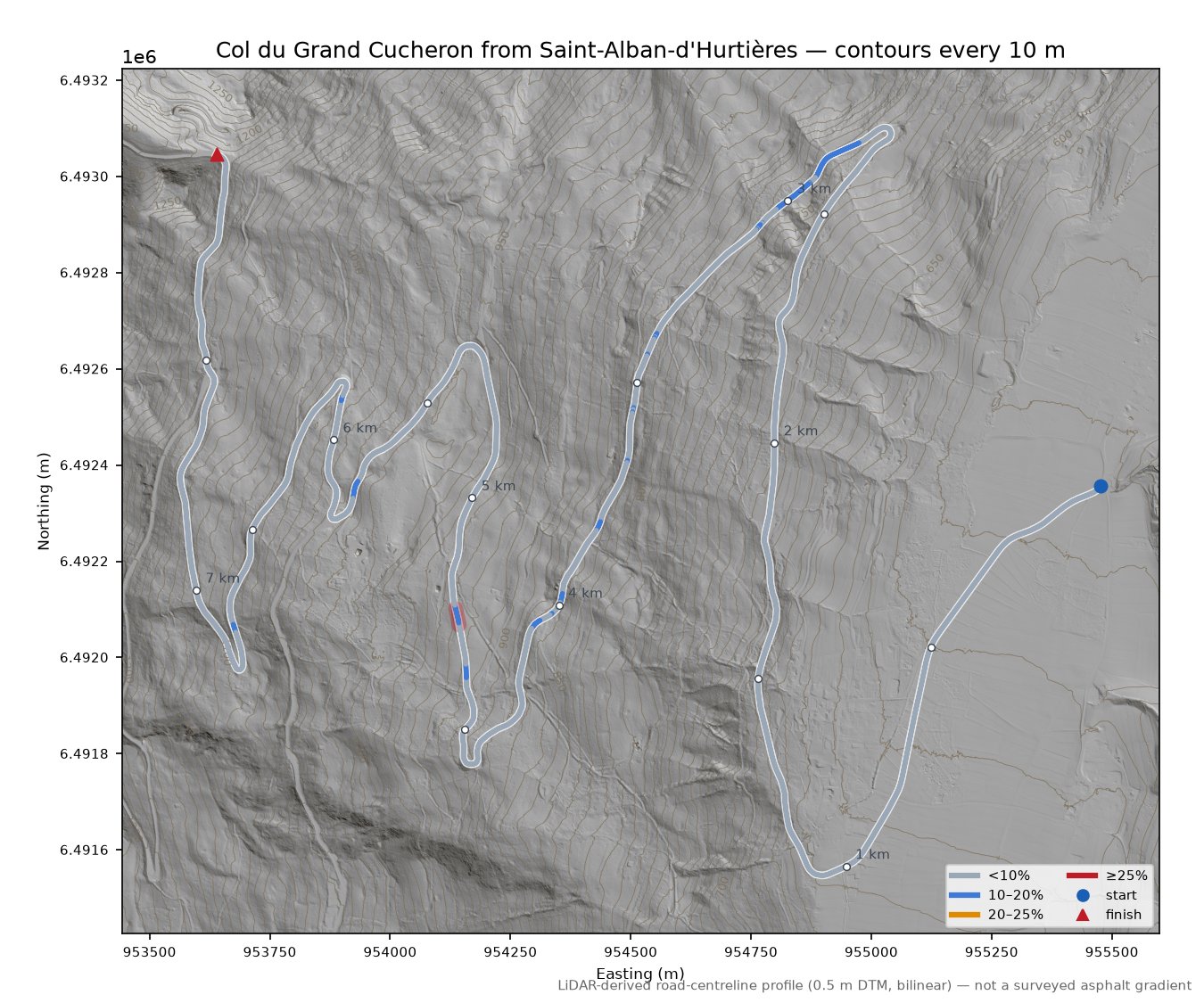 Col du Grand Cucheron from Saint-Alban-d'Hurtières LiDAR hillshade map with contours