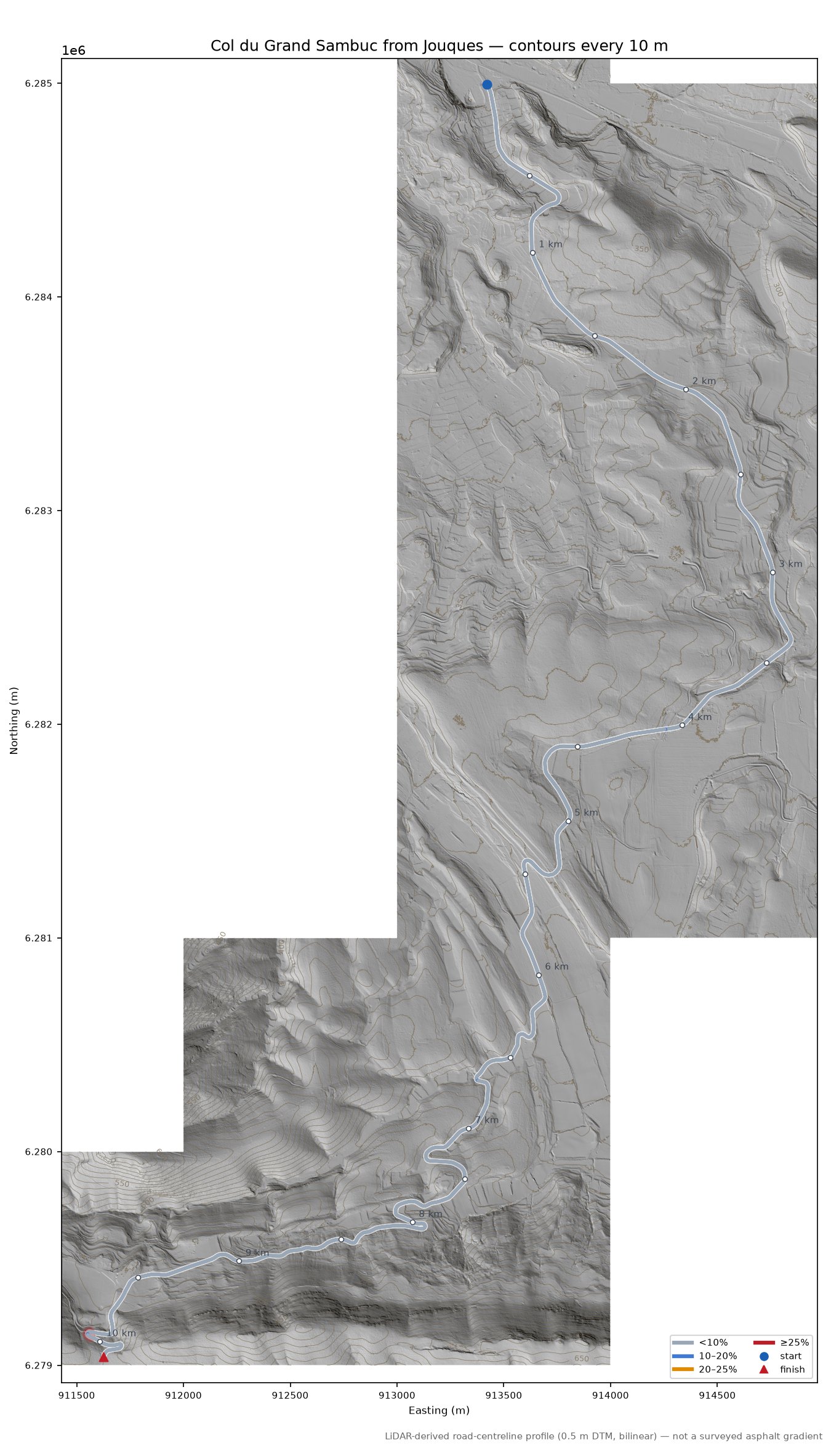 Col du Grand Sambuc from Jouques LiDAR hillshade map with contours