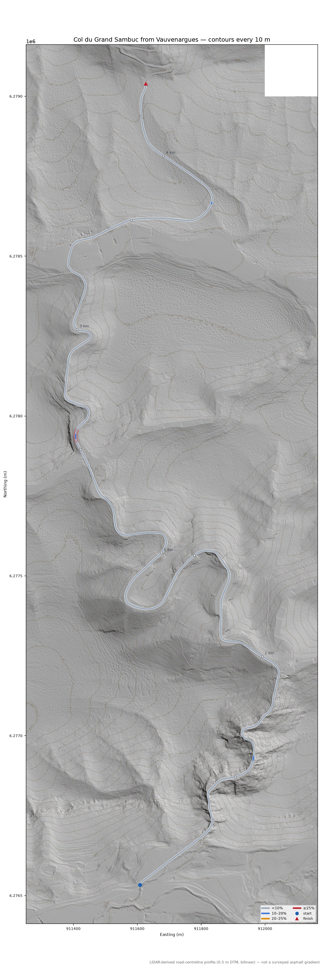 Col du Grand Sambuc from Vauvenargues LiDAR hillshade map with contours
