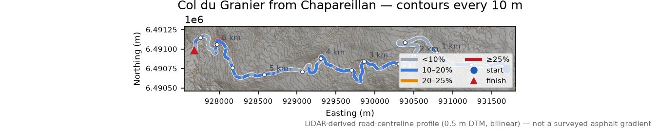 Col du Granier from Chapareillan LiDAR hillshade map with contours