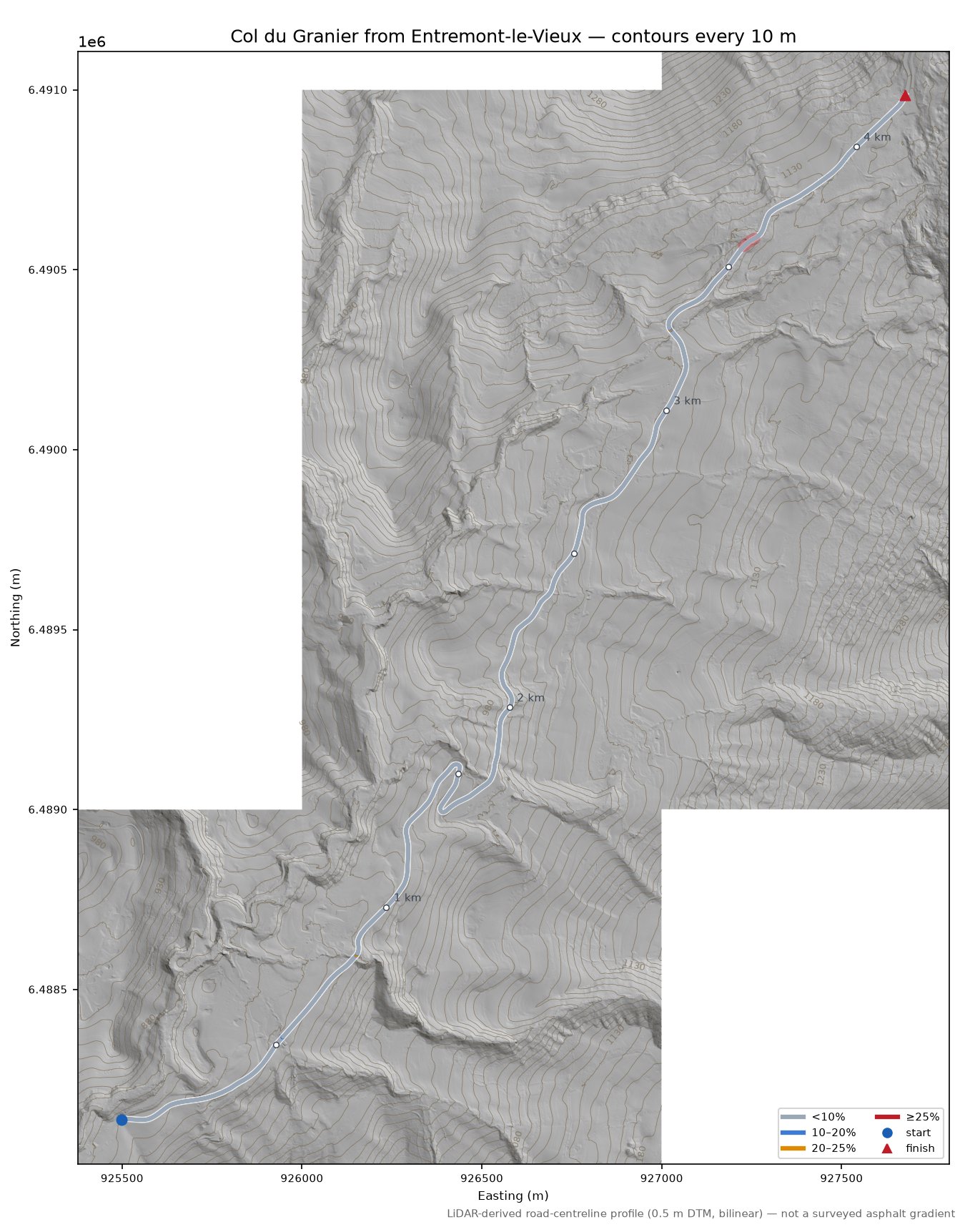 Col du Granier from Entremont-le-Vieux LiDAR hillshade map with contours