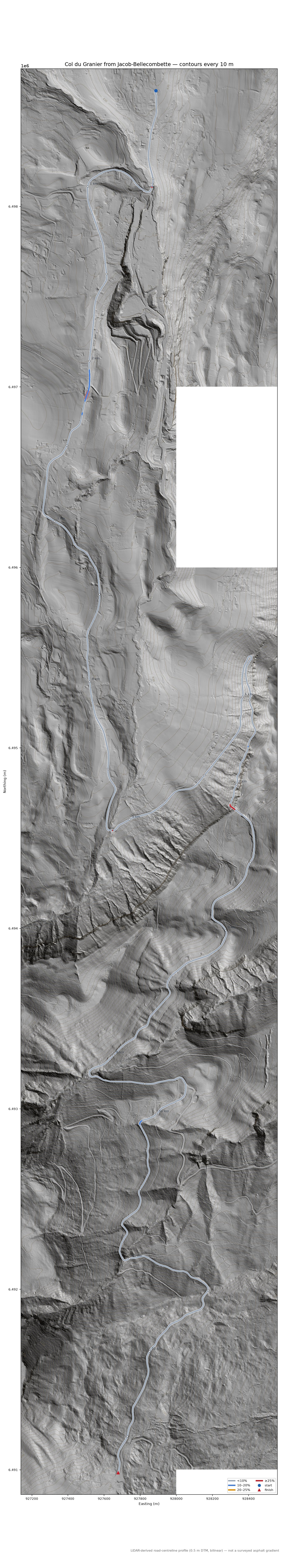 Col du Granier from Jacob-Bellecombette LiDAR hillshade map with contours