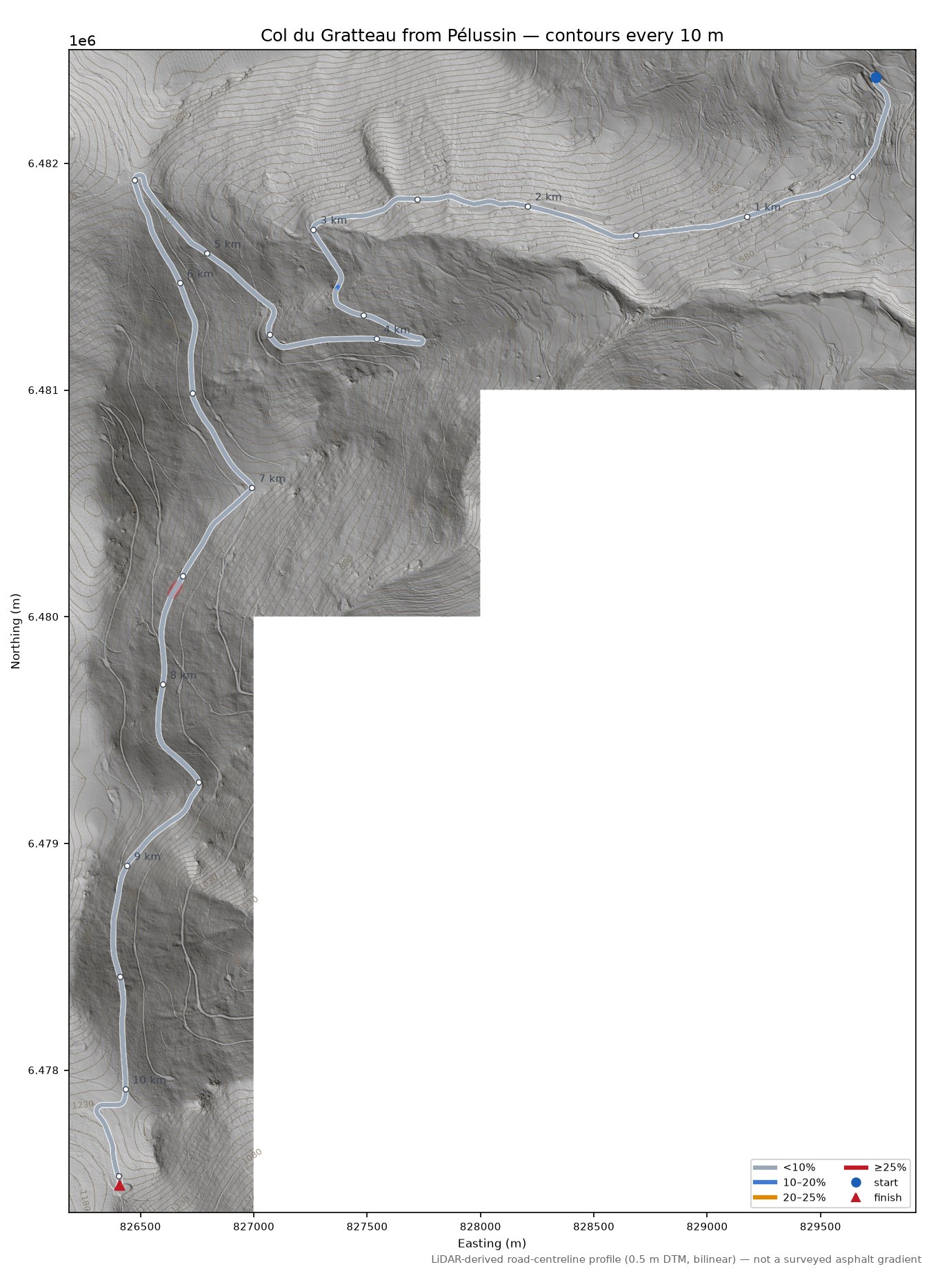 Col du Gratteau from Pélussin LiDAR hillshade map with contours