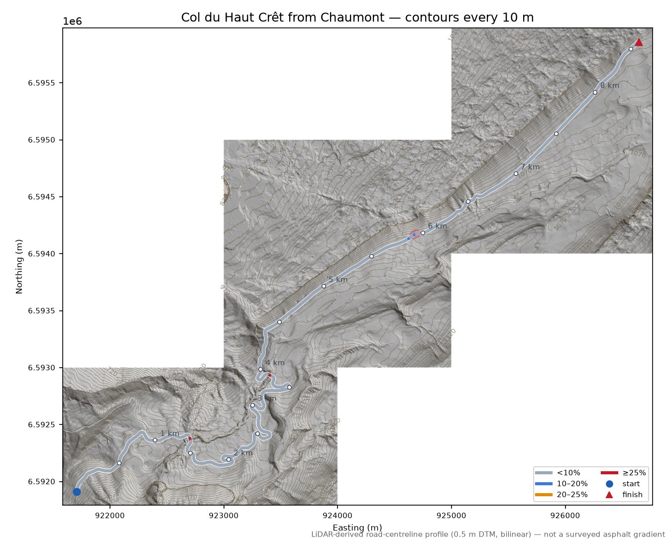 Col du Haut Crêt from Chaumont LiDAR hillshade map with contours