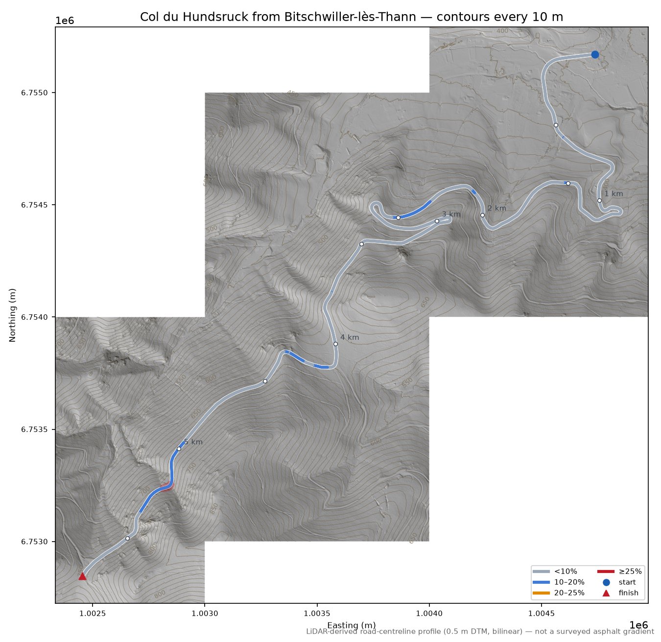 Col du Hundsruck from Bitschwiller-lès-Thann LiDAR hillshade map with contours