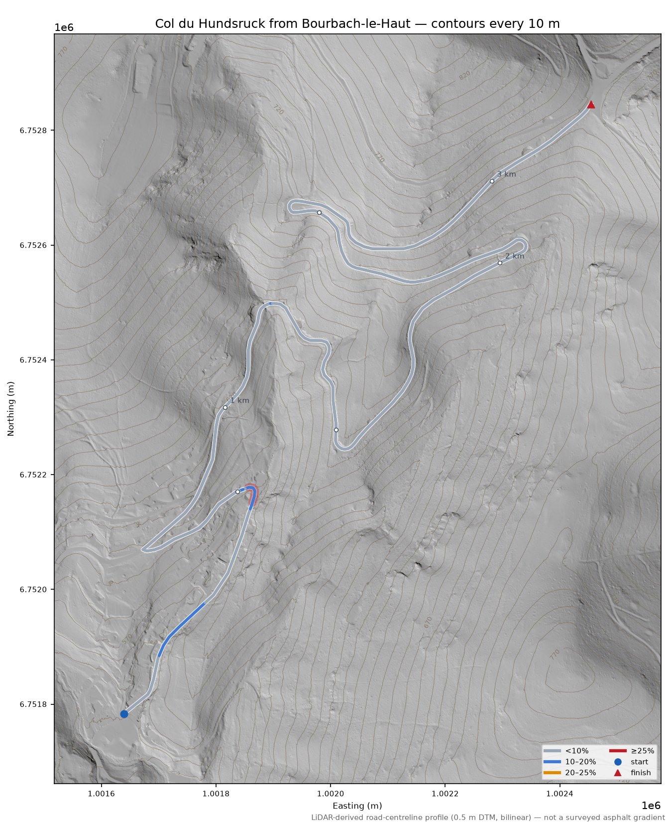 Col du Hundsruck from Bourbach-le-Haut LiDAR hillshade map with contours