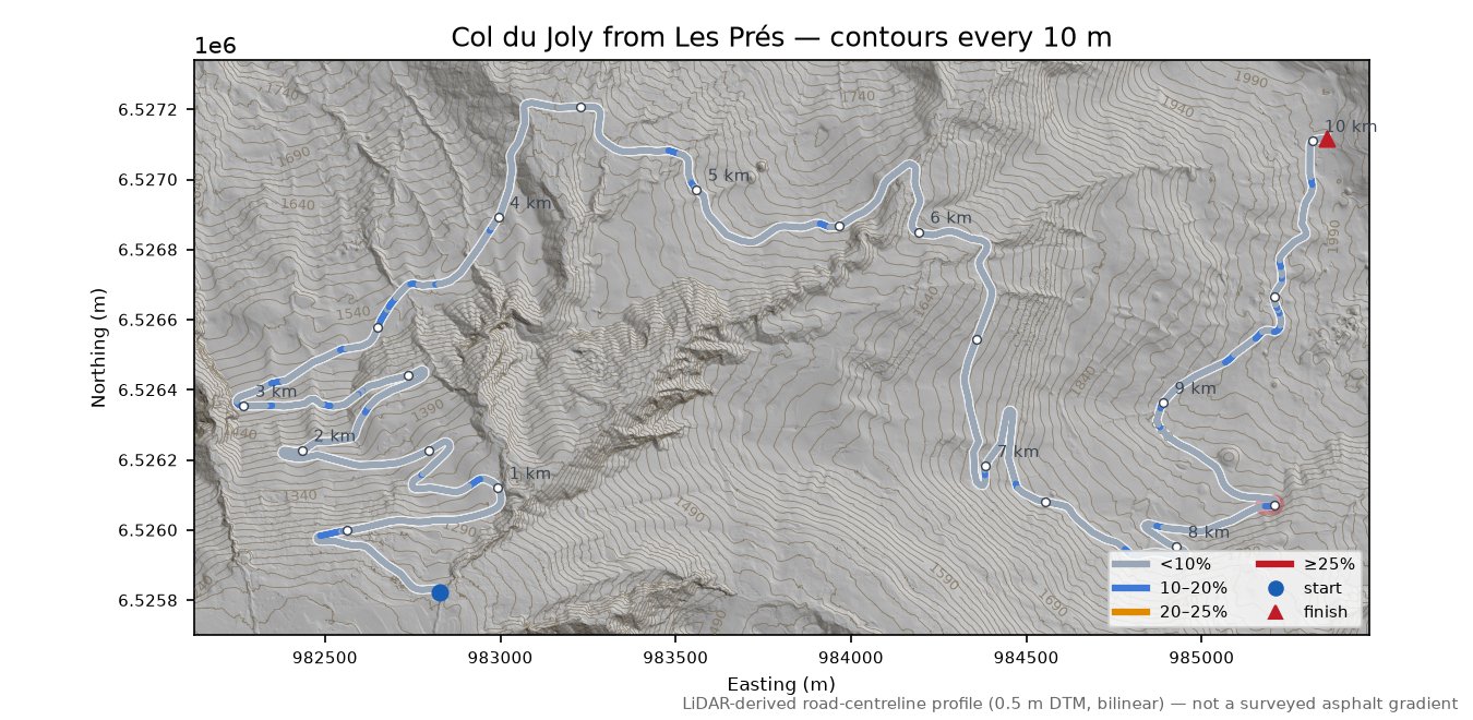 Col du Joly from Les Prés LiDAR hillshade map with contours