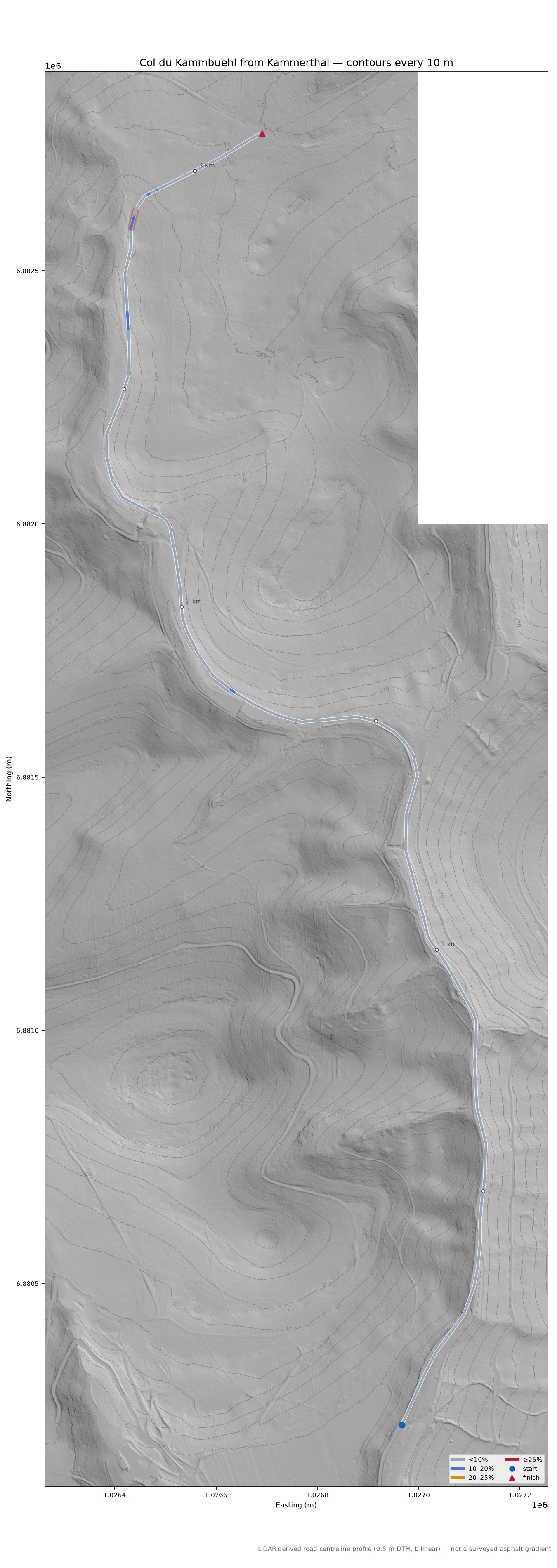 Col du Kammbuehl from Kammerthal LiDAR hillshade map with contours