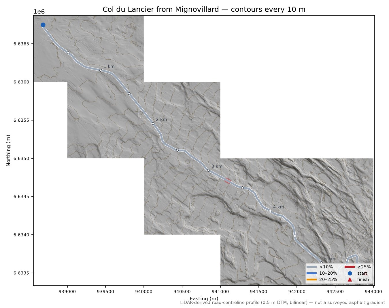 Col du Lancier from Mignovillard LiDAR hillshade map with contours