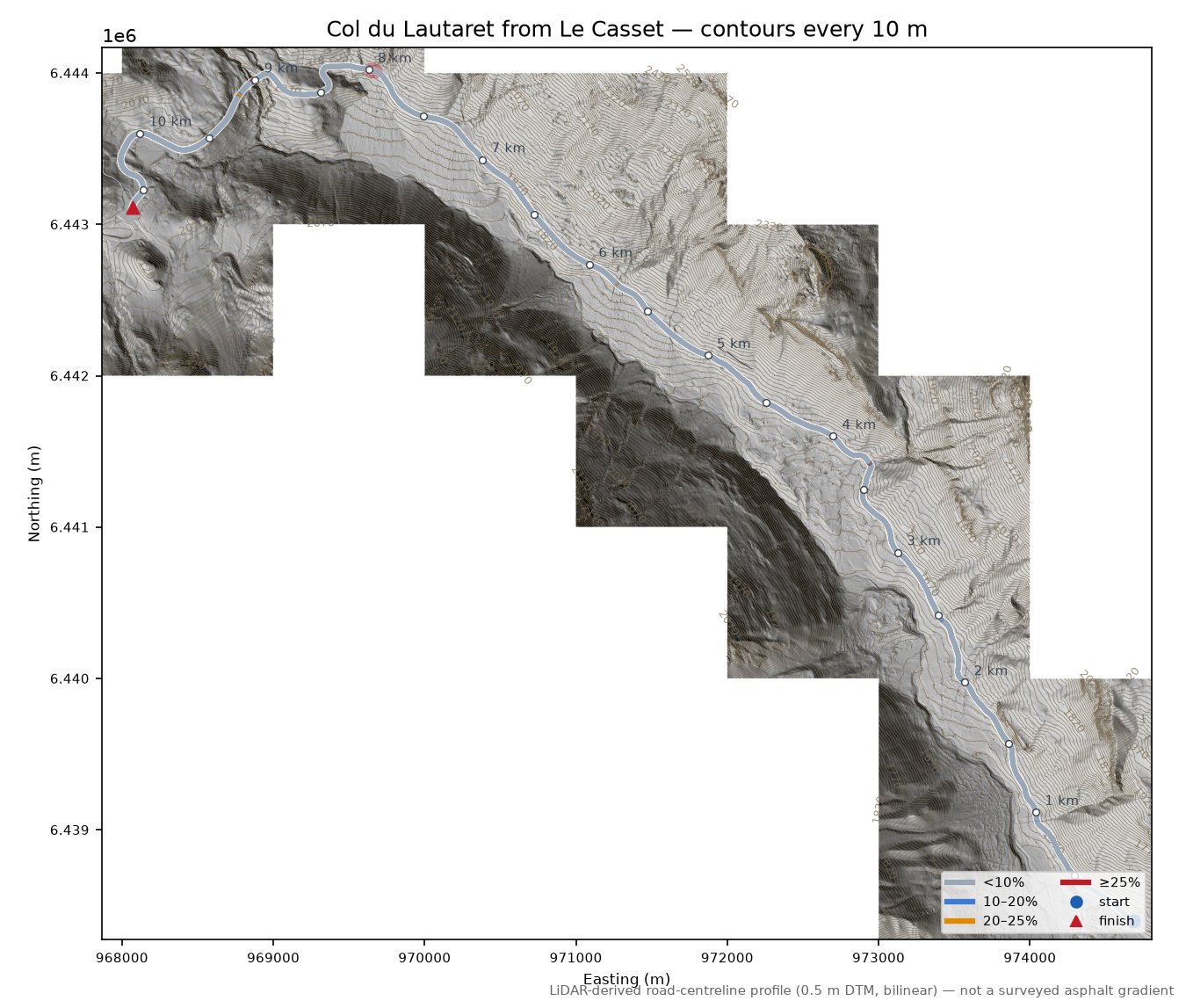 Col du Lautaret from Le Casset LiDAR hillshade map with contours