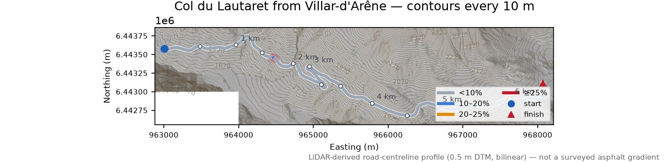 Col du Lautaret from Villar-d'Arêne LiDAR hillshade map with contours
