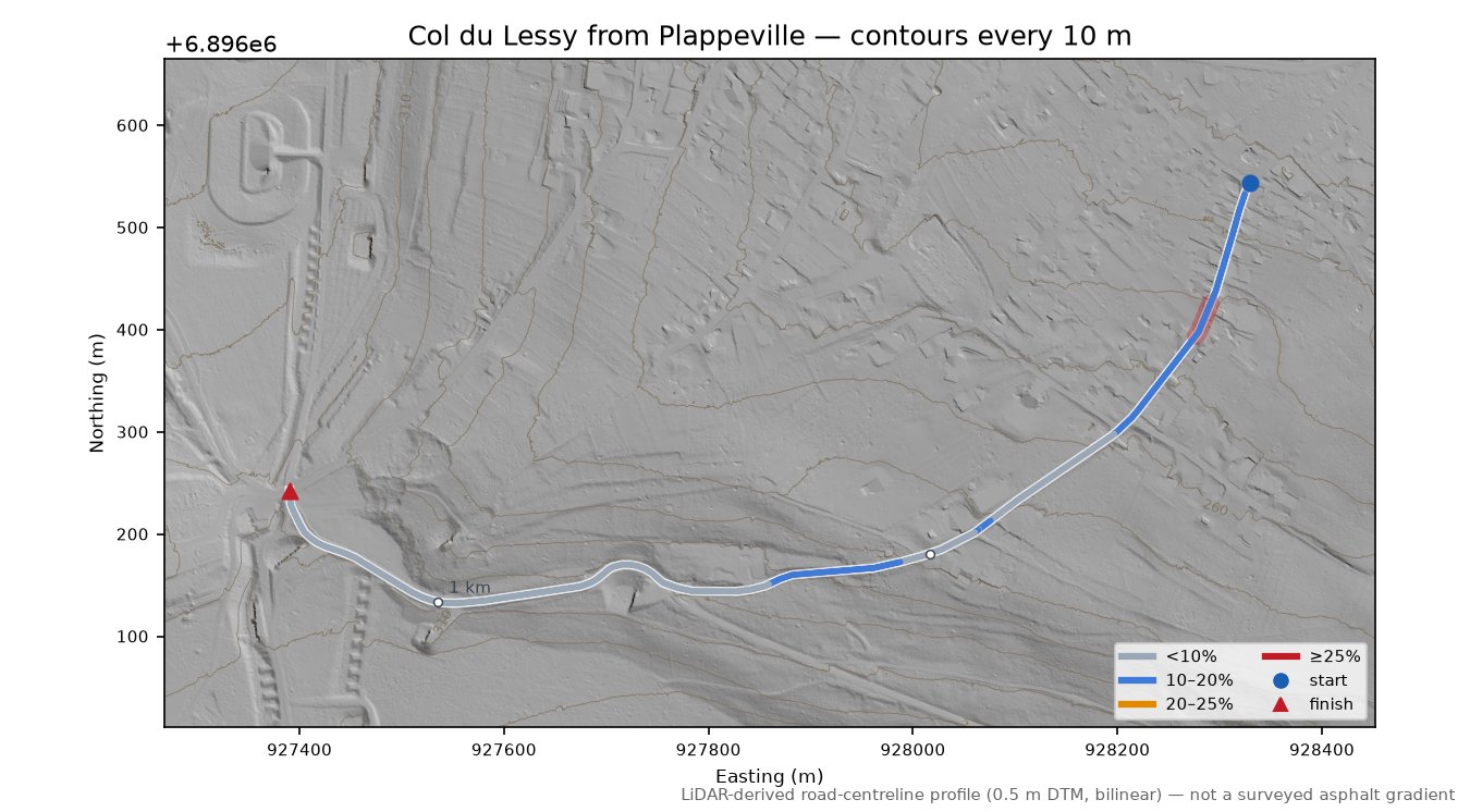 Col du Lessy from Plappeville LiDAR hillshade map with contours