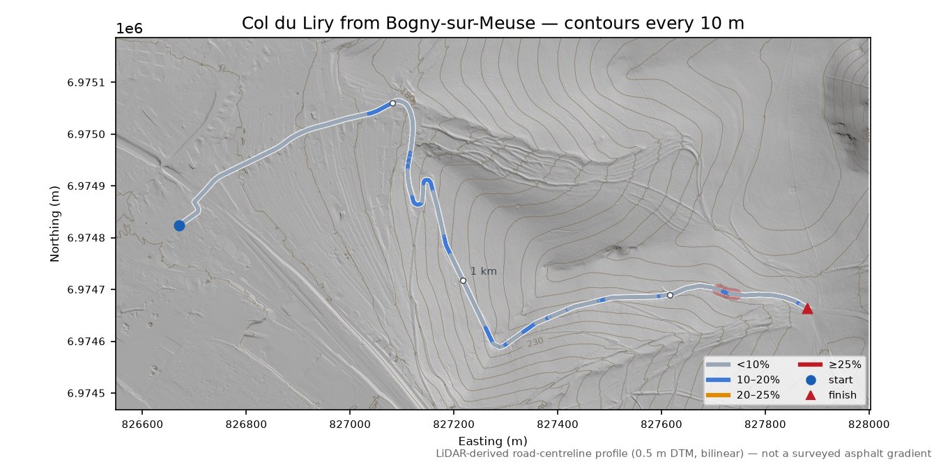 Col du Liry from Bogny-sur-Meuse LiDAR hillshade map with contours