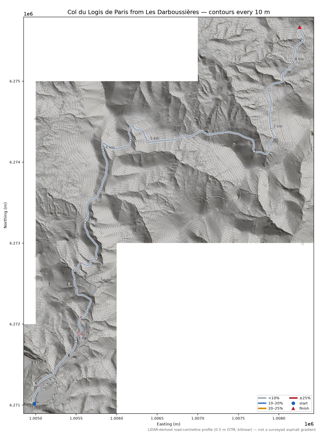 Col du Logis de Paris from Les Darboussières LiDAR hillshade map with contours