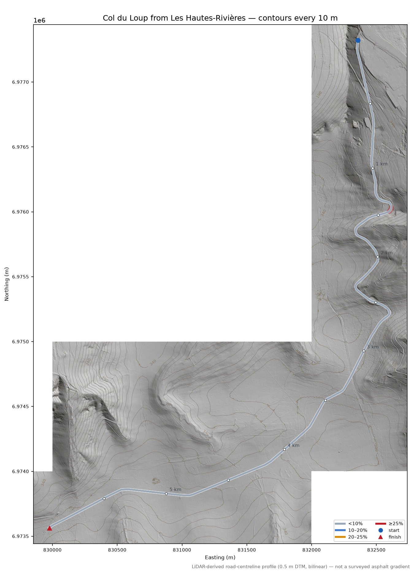 Col du Loup from Les Hautes-Rivières LiDAR hillshade map with contours