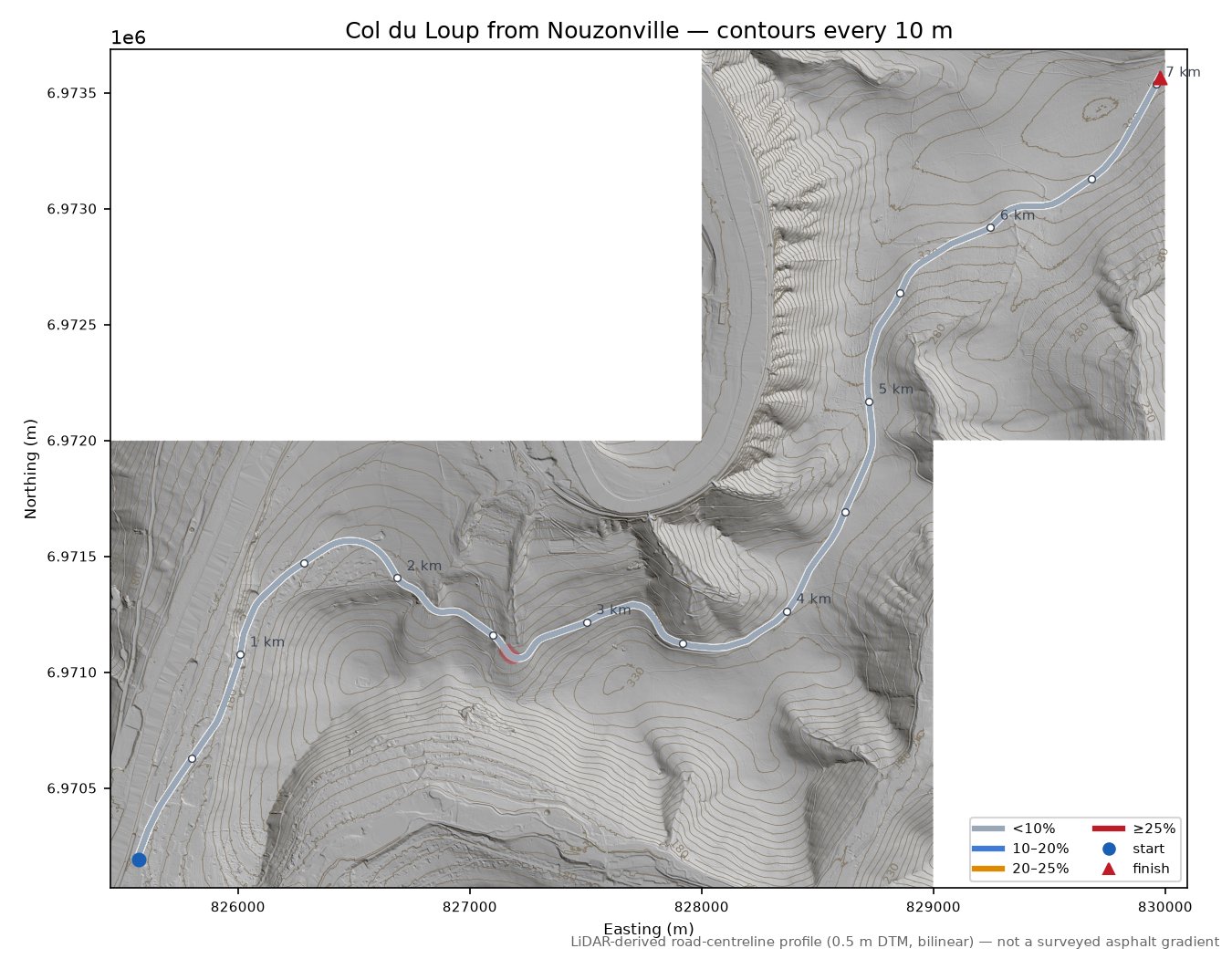 Col du Loup from Nouzonville LiDAR hillshade map with contours